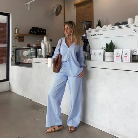 White Fox Boutique Always About Us Striped Button Up Shirt Light Blue Size S/M - Picture 5 of 15